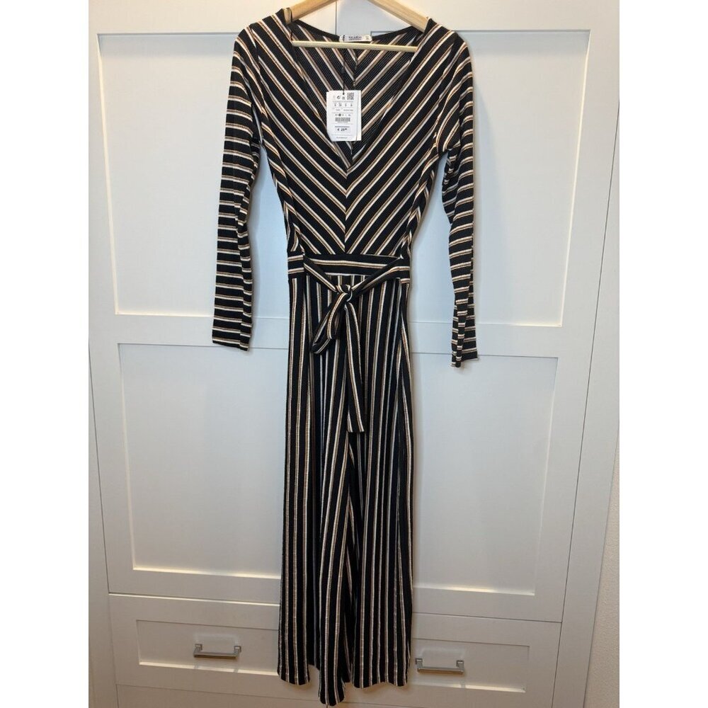 NWT Pull & Bear Black Striped Wide Leg Knit Jumpsuit Sz S Boho Festival - Picture 2 of 8